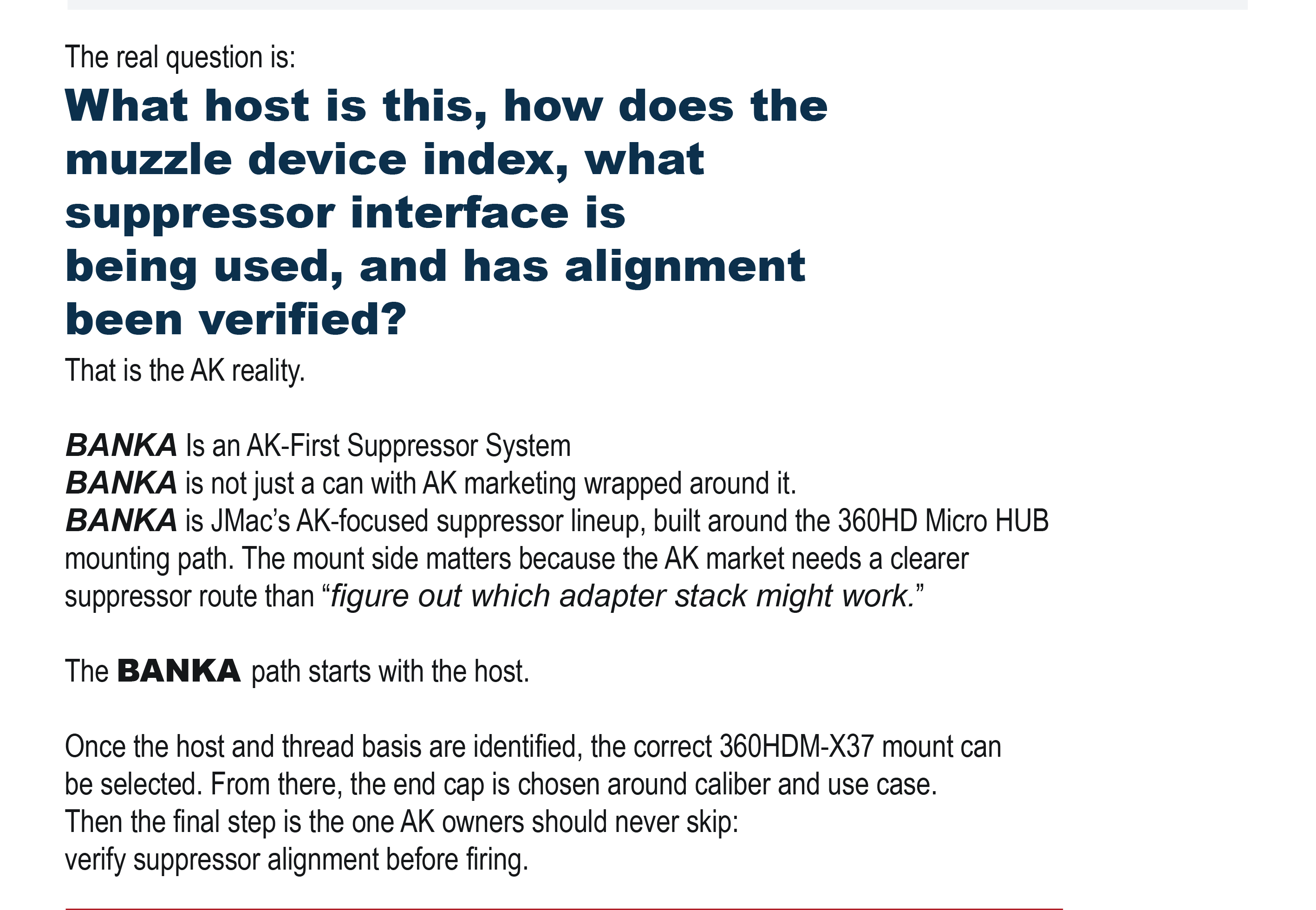 Informational graphic from JMac Customs detailing the BANKA suppressor path and outlining the core questions of AK suppressor alignment.