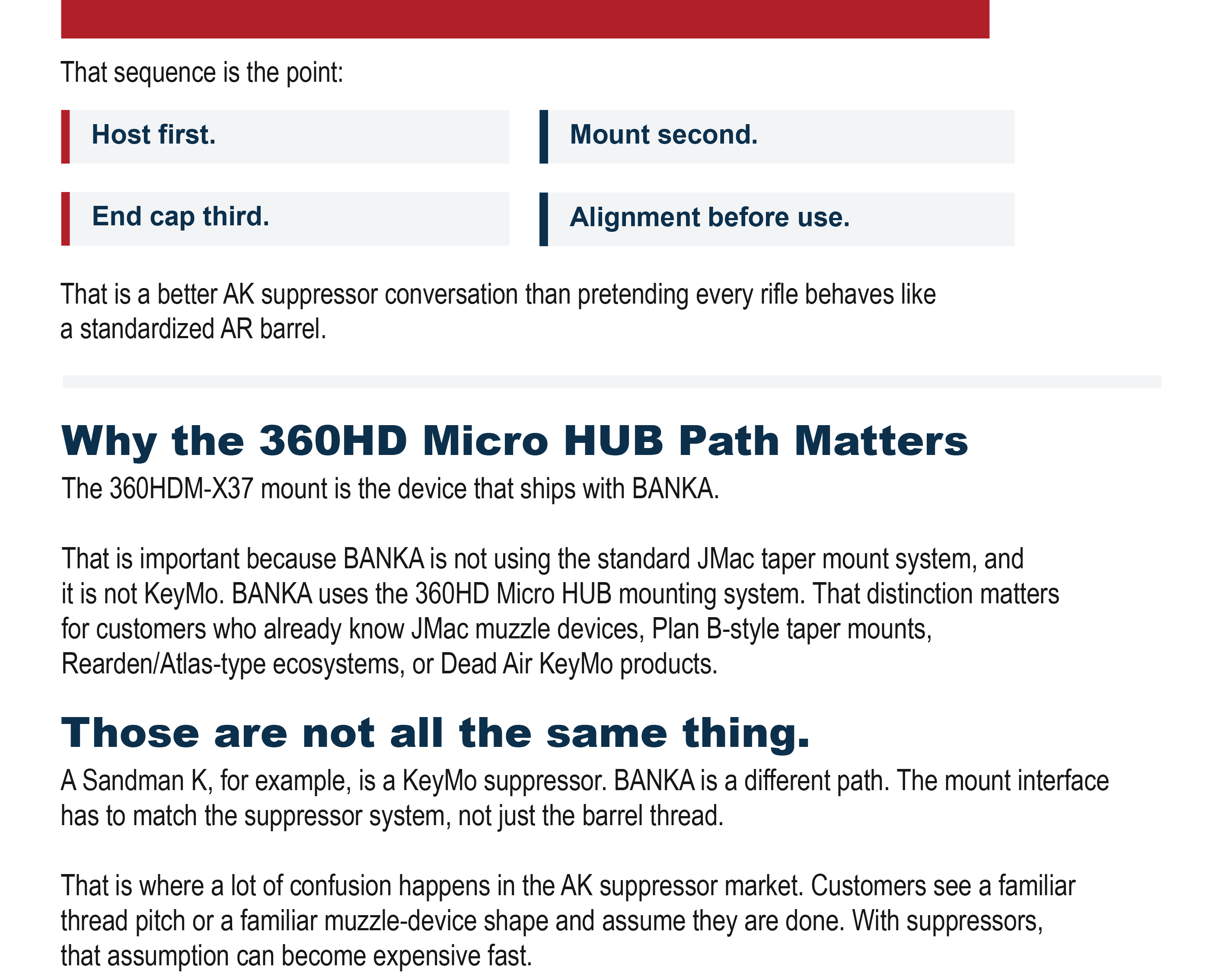 JMac Customs informational graphic outlining the 4-step AK suppressor sequence (Host, Mount, End Cap, Alignment) and explaining why the BANKA 360HD Micro HUB mounting path differs from KeyMo and Plan B systems.