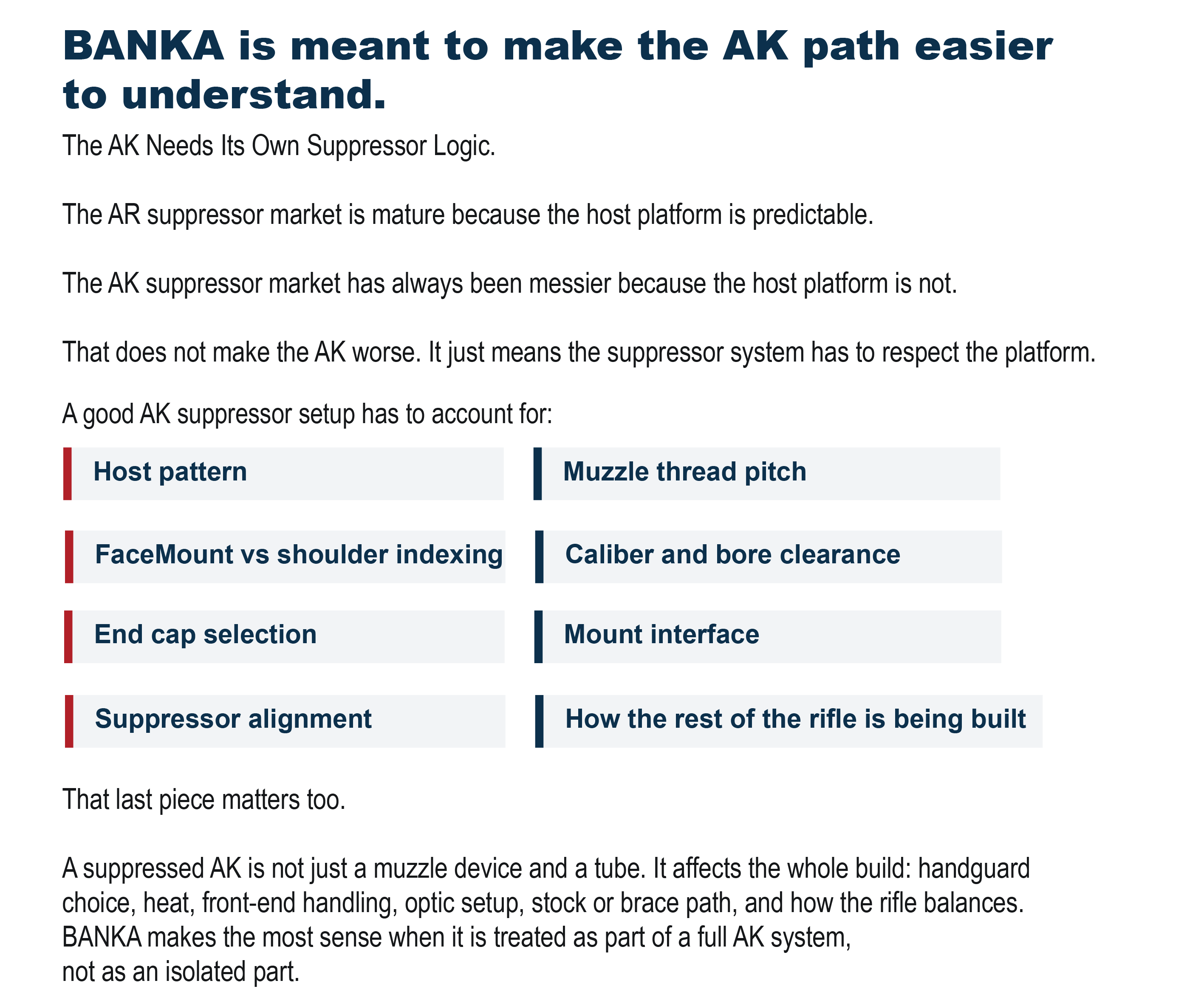 JMac Customs graphic outlining AK suppressor logic and the BANKA system checklist, covering host pattern, muzzle thread pitch, FaceMount vs shoulder indexing, and alignment.