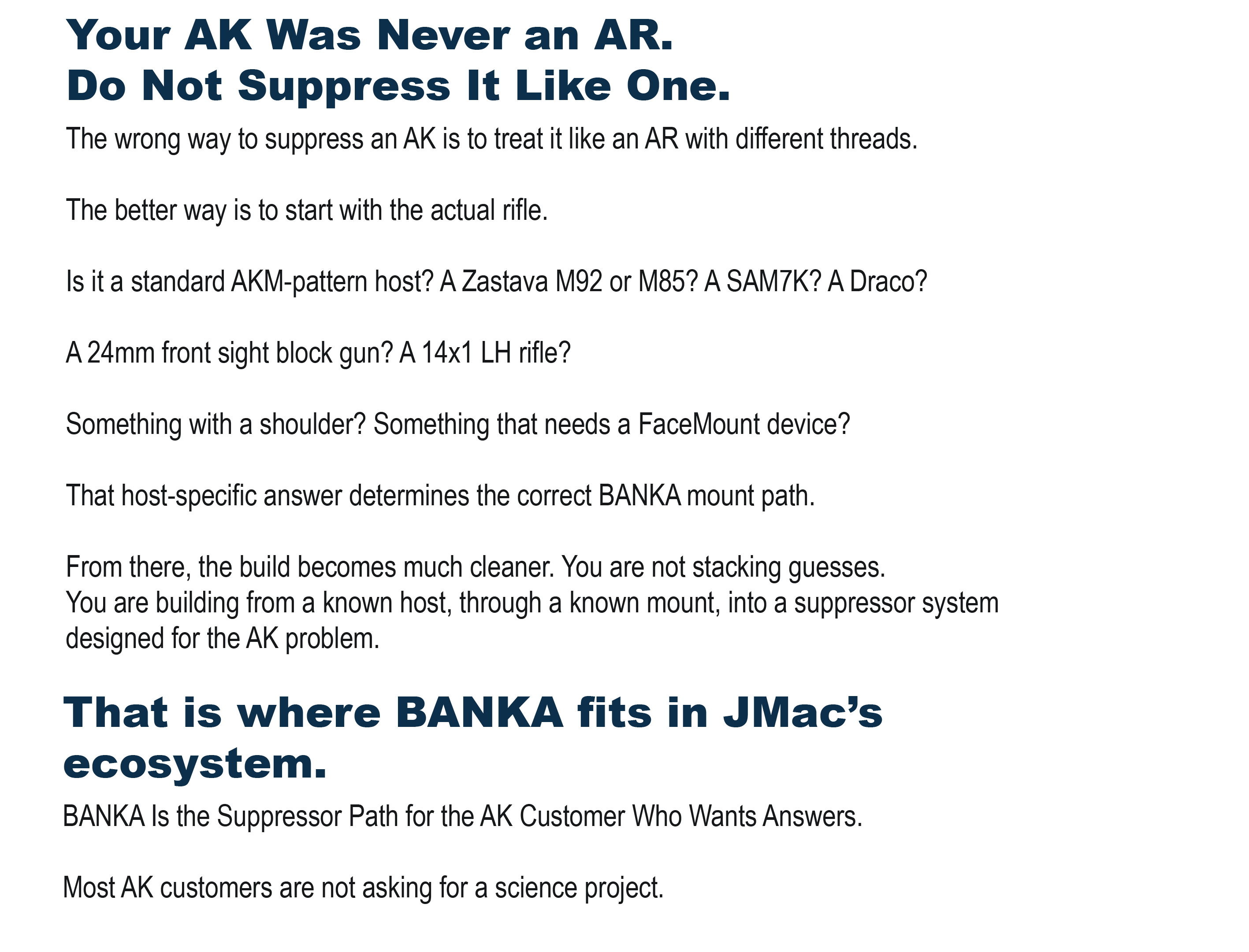 JMac Customs informational graphic explaining how host rifle variants&mdash;like AKM, Zastava M92, SAM7K, or Draco&mdash;determine the correct BANKA suppressor mount path.