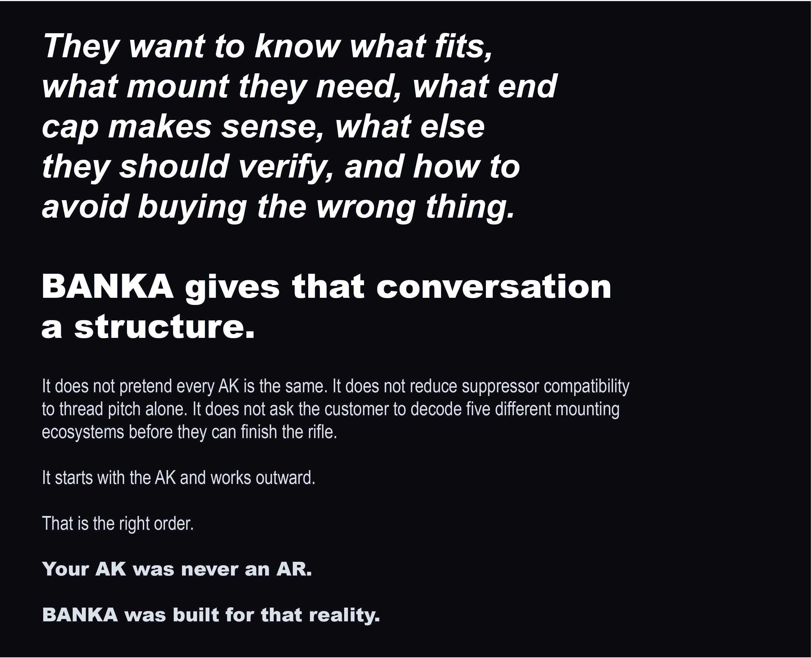 Informational graphic from JMac Customs stating 'BANKA gives that conversation a structure,' highlighting how the system simplifies complex AK suppressor mounting ecosystems.